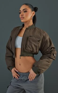 Prettylittlething Dark Khaki Cropped Ruched Sleeve Utility Pocket Bomber Jacket Dark Khaki