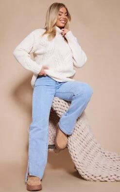 Prettylittlething Cream Oversized Cable Knit Roll Neck Knit Sweater Cream