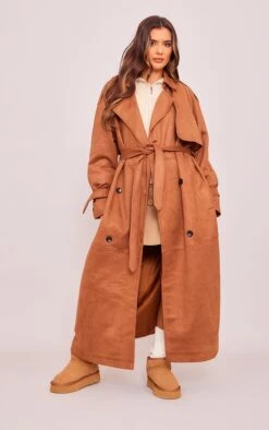 Prettylittlething Tan Faux Suede Trench Coat Tan
