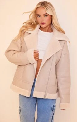 Prettylittlething Beige Faux Leather Borg Lined Biker Detail Aviator Jacket Beige -Prettylittlething 043fbec766160f33ab280354e285b8a326a4fed7 cnf1358 4
