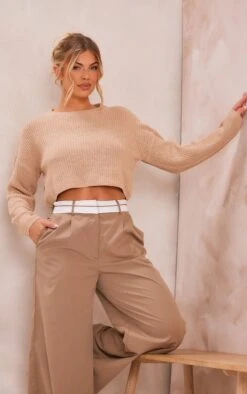 Prettylittlething Camel Basic Crew Neck Crop Knit Sweater Camel