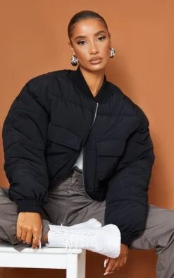 Prettylittlething Black Nylon Pocket Front Panel Sleeve Oversized Bomber Jacket Black