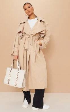 Prettylittlething Stone Woven Hooded Oversized Trench Coat Stone