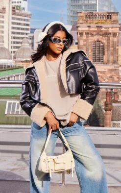 Prettylittlething Black Bonded Borg Lined Faux Leather Cropped Aviator Jacket Black