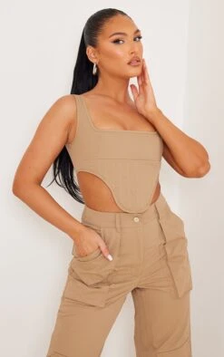 Prettylittlething Brown Twill Dip Hem Structured Cargo Corset Brown