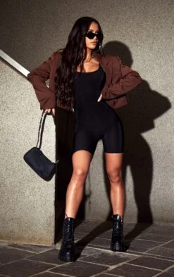 Prettylittlething Black Scoop Neck Unitard Black