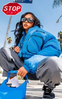 PRETTYLITTLETHING Blue Utility Pocket Detail Cropped Bomber Blue