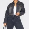 Prettylittlething Plus Washed Black Frayed Hem Detail Crop Denim Jacket Washed Black