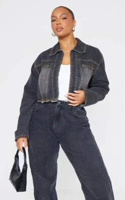 Prettylittlething Plus Washed Black Frayed Hem Detail Crop Denim Jacket Washed Black