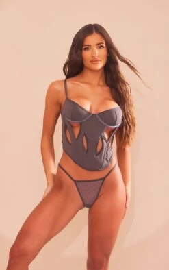 Prettylittlething Charcoal Cutout Detail Underwired Corset Lingerie Set Charcoal