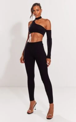 Prettylittlething Black Rib Knit One Sleeve Top & Leggings Set Black