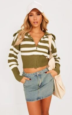 Prettylittlething Olive Long Sleeve Stripe Detail Zip Cardigan Olive -Prettylittlething 092110390410589843c9752e7897da452cd63b5e cnh2346 3