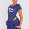 Prettylittlething Navy Blue NYC Print Short Sleeve Bodysuit Navy