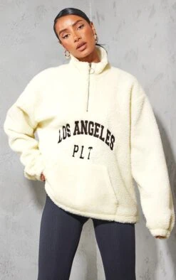 PRETTYLITTLETHING Cream Graphic Front Teddy Jacket Cream