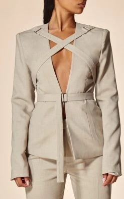 Prettylittlething PLT Label Oatmeal Strap Detail Cross Over Fitted Blazer Oatmeal -Prettylittlething 0cc9be91272fe712dbd8f4cc58efb965317ca149 cng1006 4