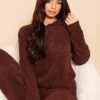 Prettylittlething Coffee Cosy Long Sleeve Zip Up Hooded Pajama Top Coffee