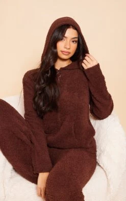 Prettylittlething Coffee Cosy Long Sleeve Zip Up Hooded Pajama Top Coffee