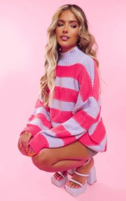 Prettylittlething Lilac Stripes Color Block Knit Oversized Sweater Lilac