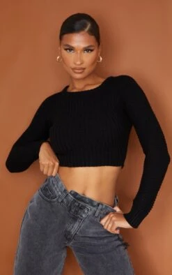 Prettylittlething Black Cropped Rib Knit Top Black
