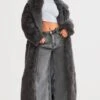Prettylittlething Grey Belted Contrast Faux Fur Maxi Coat Grey