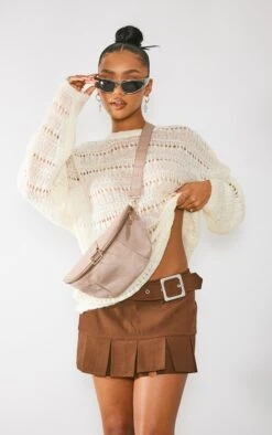 Prettylittlething Cream Open Knit Slouchy Sweater Cream