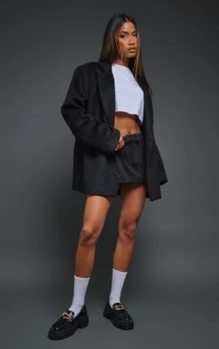 Prettylittlething Black Textured Wool Look Oversized Blazer Black