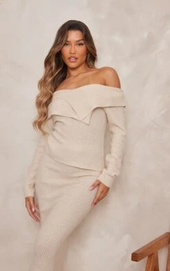 Prettylittlething Oatmeal Luxe Knit Fold Over Top Oatmeal