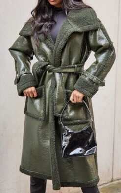 Prettylittlething Green Vinyl Contrast Borg Midi Coat Green -Prettylittlething 1280818147ad4ee1eed48da3dd7a3b02f3dc4019 cmt5676 5