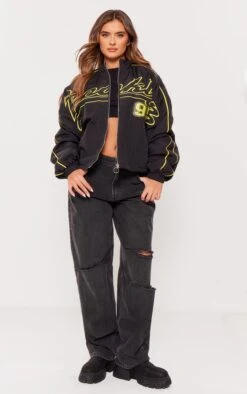Prettylittlething Black Contrast Oversized Graphic Zip Up Racer Bomber Black