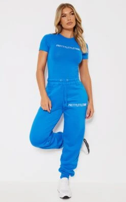 PRETTYLITTLETHING Blue Logo High Waisted Cuffed Sweatpants Blue