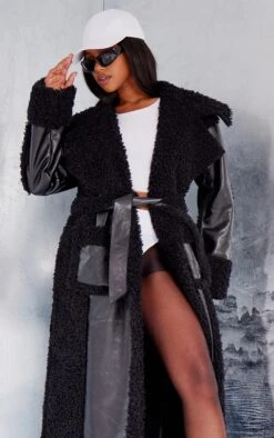 Prettylittlething Black Faux Leather Faux Shearling Trim Maxi Coat Black -Prettylittlething 145e8520d9bea758331b5a76082581b07c45659a cnf5106 4