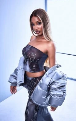 Prettylittlething Light Grey Ribbed Collar Detail High Shine Shell Puffer Jacket Light Grey