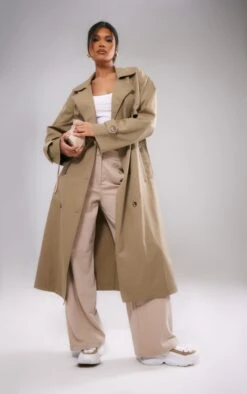 Prettylittlething Light Khaki Button Through Oversized Trench Coat Light Khaki