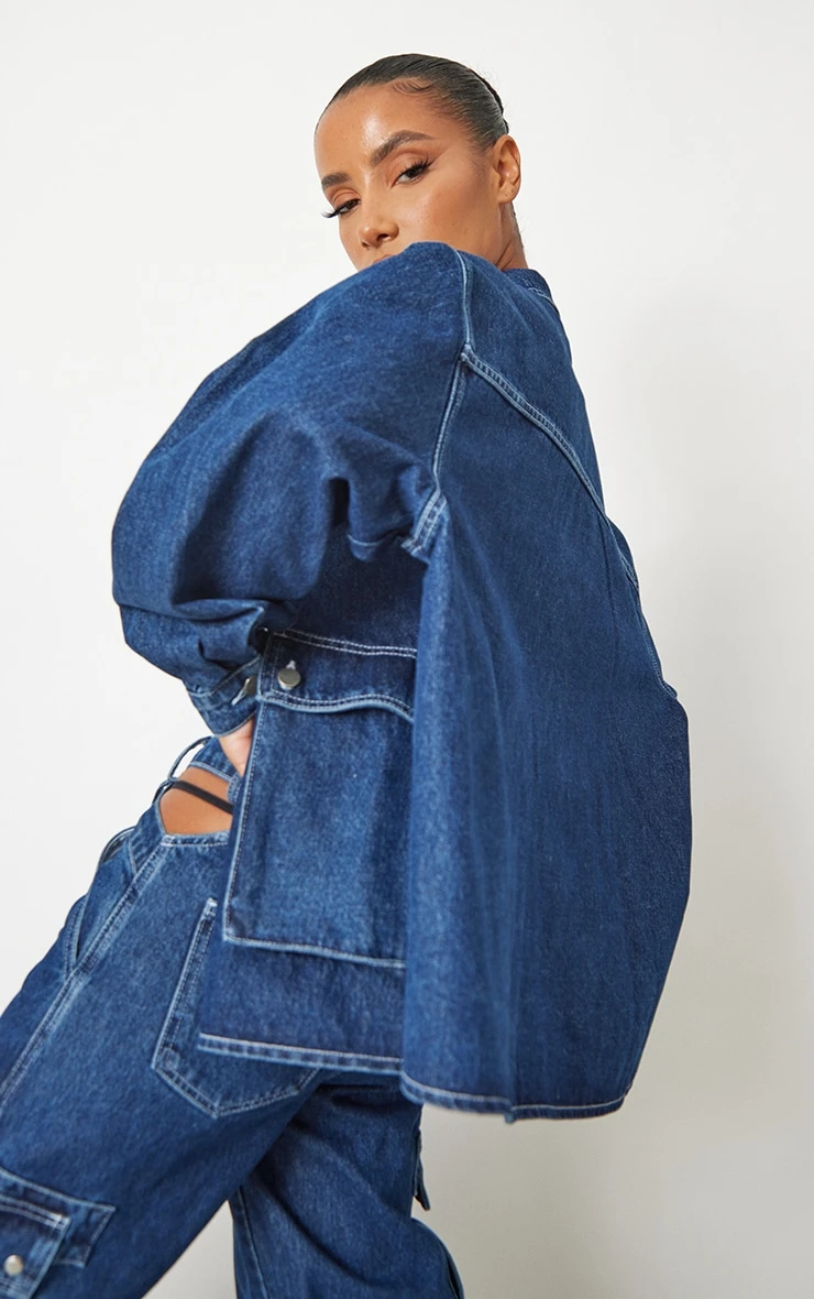Prettylittlething Dark Blue Wash Oversized Button Up Pocket Detail Denim Shacket Dark Blue Wash 2 Prettylittlething Dark Blue Wash Oversized Button Up Pocket Detail Denim Shacket Dark Blue Wash - Image 2