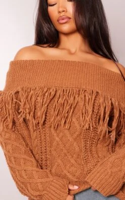 Prettylittlething Tan Cable Knit Fringing Detail Fold Over Sweater Tan -Prettylittlething 186a30863e70aa49ddcaca6e17e38d7cccbe9ef0 cnf9219 4