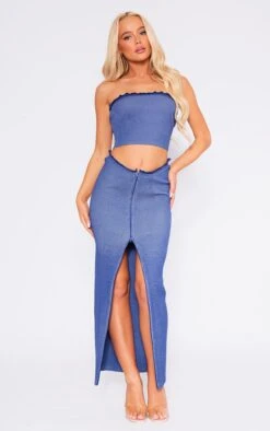 Prettylittlething Blue Two Tone Knit Double Zip Maxi Skirt Blue