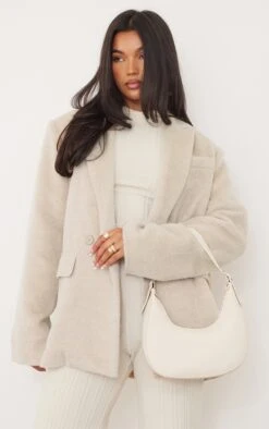 Prettylittlething Beige Textured Wool Look Oversized Blazer Beige