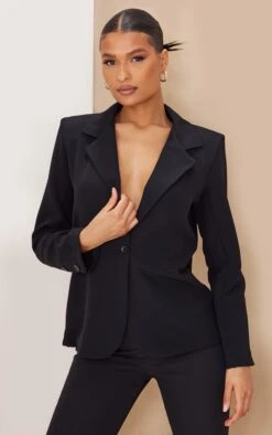 Prettylittlething Black Woven Oversized Button Front Blazer Black
