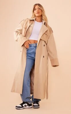 Prettylittlething Stone Double Layer Pocket Detail Longline Trench Coat Stone