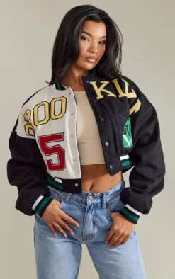 Prettylittlething Black Wool Look Graphic Front Cropped Bomber Jacket Black