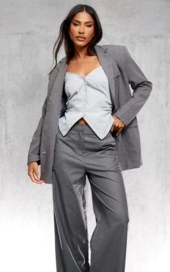 Prettylittlething Grey Textured Look Shoulder Padded Oversized Blazer Grey