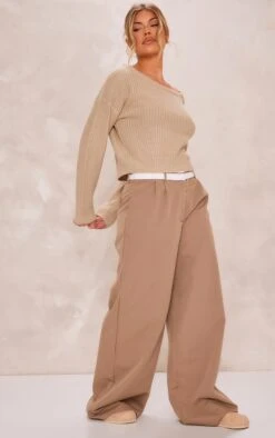 Prettylittlething Stone Off The Shoulder Knitted Jumper Stone