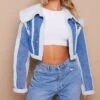 Prettylittlething Mid Blue Wash Borg Detail Crop Denim Jacket Mid Blue Wash