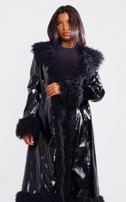 Prettylittlething Black Shaggy Faux Fur Vinyl Trench Coat Black -Prettylittlething 21c0c04e339f4929df4f10522ace154c578100b1 cng2943 4
