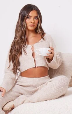 Prettylittlething Sand Hook & Eye Tie Back Knitted Crop Sweater Sand