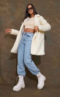 Prettylittlething Cream Borg Lapel Drop Arm Midi Coat Cream