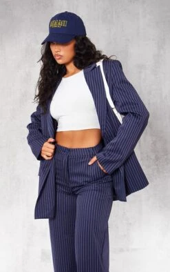Prettylittlething Navy Pinstripe Woven Extreme Shoulder Pad Pocket Blazer Navy