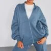 Prettylittlething Steel Blue Oversized Zip Through Sweat Bomber Jacket Steel Blue