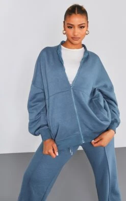 Prettylittlething Steel Blue Oversized Zip Through Sweat Bomber Jacket Steel Blue