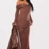 Prettylittlething Chocolate Ribbed Long Sleeve Ruched Detail Midaxi Dress Chocolate